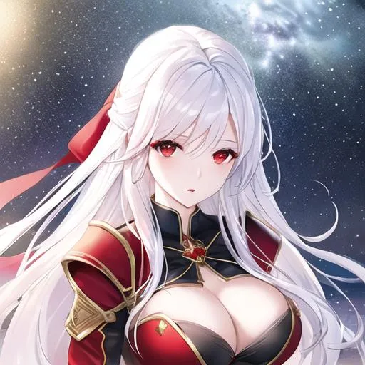 Prompt: one realistic beautiful busty drow with pale skin, red eyes and white hair, holding bow, extra detailed, a ranger from D&D universe