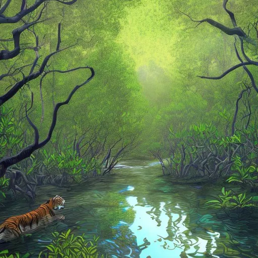 Prompt: Creat an AI image of a mangrove forest with a creek. A tiger is visible. Realistic drawing.