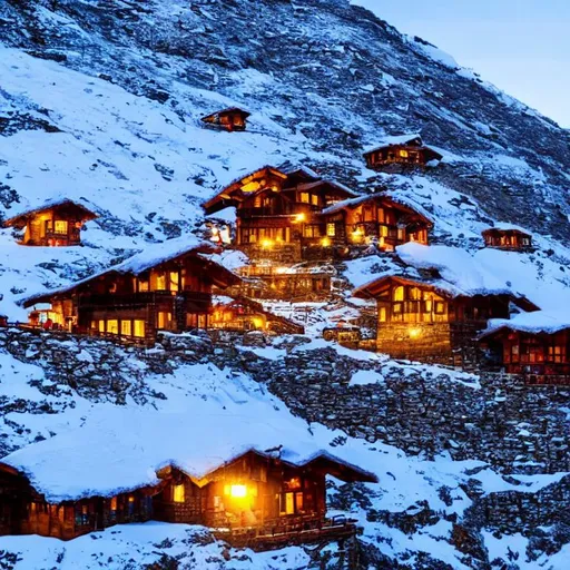 Prompt: Professional photo of a mountain refuge in the Himalayas. Outdoor lighting. Sunny day. Snow. Joyful