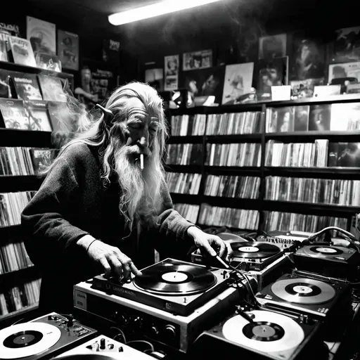 Prompt: Gandalf smoking, playing a DJ set, in a packed record store. Atmospheric.