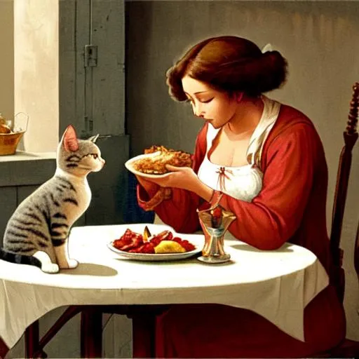 Prompt: A cat sits on a table looking at a woman who sits there with him. She shares her meager supper with him praying to God, thanking him for the meal.