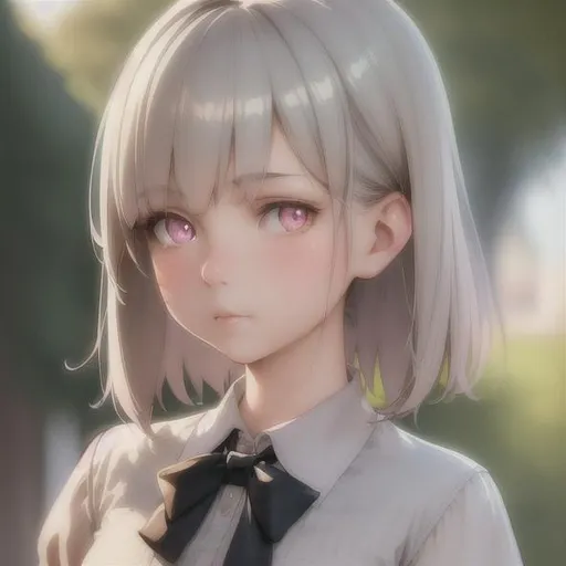 Prompt: Beautiful portrait canvas of small girl, perfect body, muted colors, watercolor style, vintage colors, by greg rutkowski, detailed, intricate face, detailed eyes, gentle tones, short white hair, glowing pink eyes, highly detailed, hd, 4k, 8k, wearing school uniform, has cat ears, {{happy expression}} 