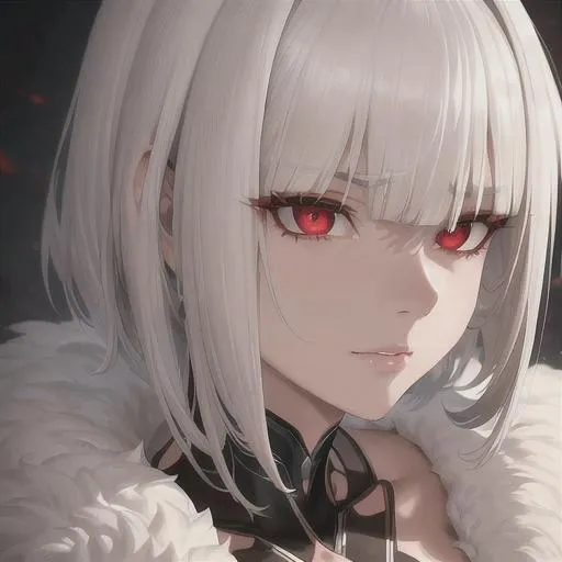 Prompt: "A close-up photo of a gorgeous brown skined, short pure white haired woman with predator like red eyes, in hyperrealistic detail, with a slight hint of loneliness in her eyes. Brown skin. Her face is the center of attention, with a sense of allure and mystery that draws the viewer in, but her eyes are also slightly downcast, as if a sense of loneliness is lingering in her thoughts. The detailing of her face is stunning, with every pore, freckle, and line rendered in vivid detail, but the image also captures the subtle emotions of loneliness that might lie beneath her surface"