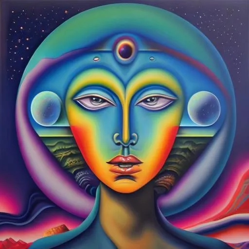 Prompt: Surreal portrait of beautiful female, cosmic landscape background, acrylic on canvas in style of post modernism 
