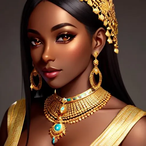Prompt: dark skinned . beautiful woman. Gold jewellery. Night. {{Realistic}} {{Wlop Style}}
