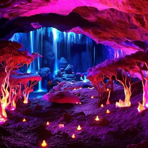 Prompt: Cave, dim lighting, glowing crystals, purples pinks oranges and blues, cave moss, fantsy, magic, dark, smokey, gems in the wall, waterfall