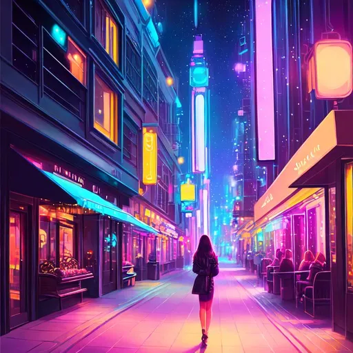 Prompt: painting of a woman, nighttime, city street, galaxy, soft light, pastel colors, muted color scheme, art, painting, sweet, fireflies  cyberpunk