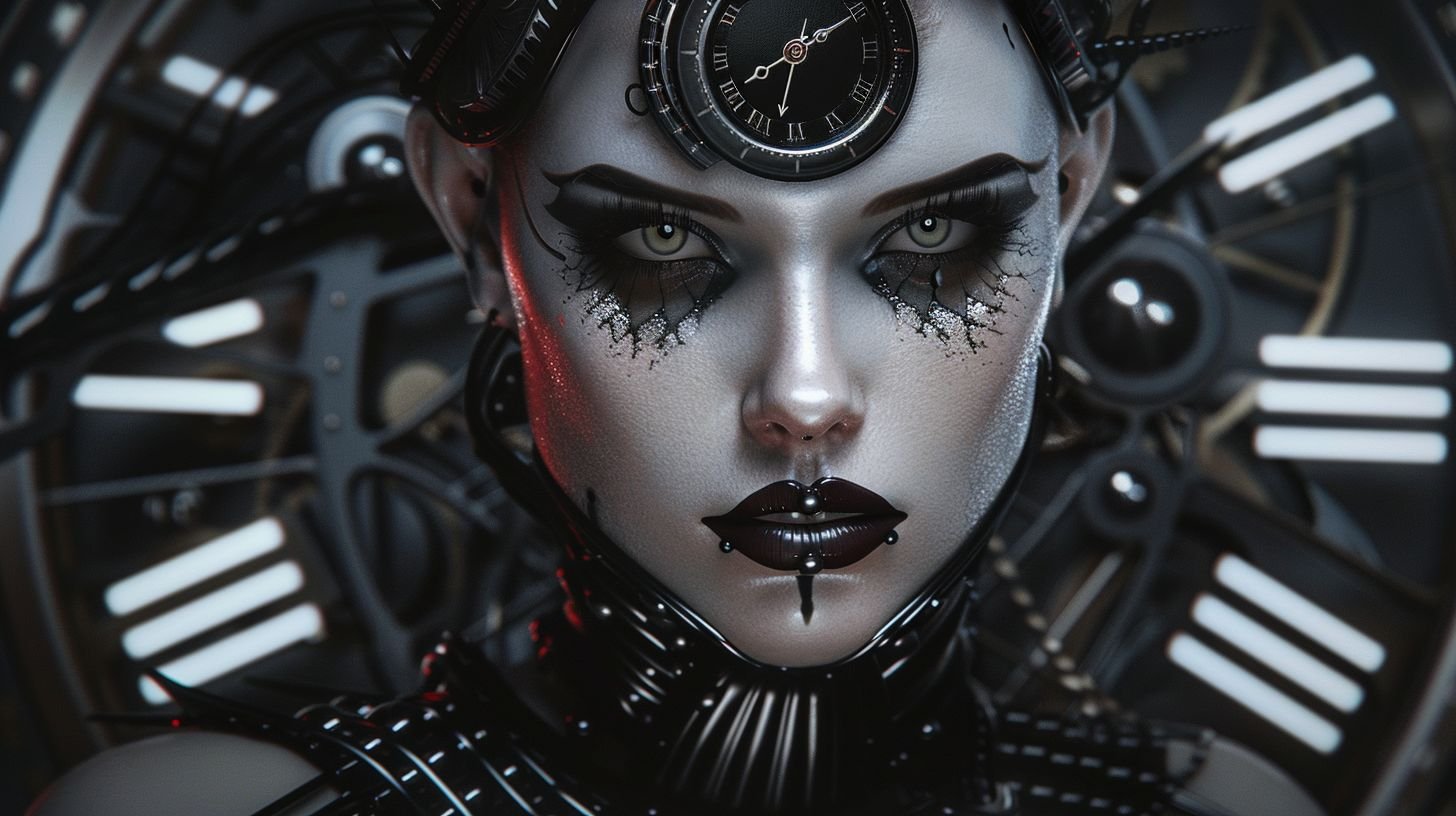 Prompt: london artist hsinalu scifi clock, in the style of fashion photography, dark silver and silver, canon eos 5d mark iv, body art, aggressive digital illustration, blink-and-you-miss-it detail, back button focus