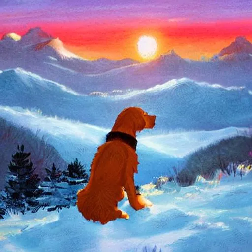 Prompt: anime like painting of a dog looking at the sunset high in the frozen mountains