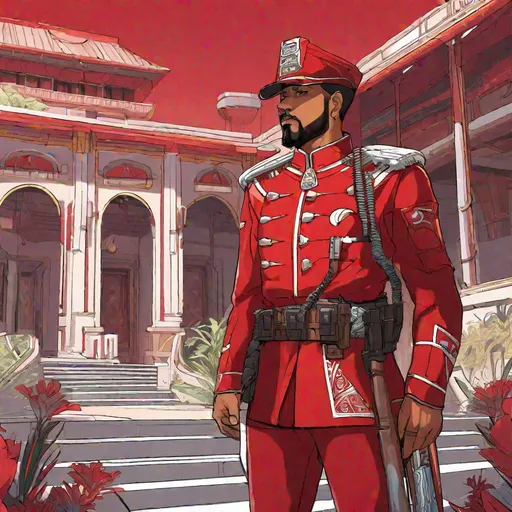 Prompt: A scifi maori royal guard in bright red scifi uniform. He wears an Hawaiian cap. He is stands on guard. In background a scifi western royal palace. Rpg art. Rpg. 2d art 2d. Well draw face. Detailed. 