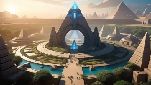 Prompt: Stargate in the middle of a city plaza, futuristic setting, aerial view, star portal, pyramid spaceships, floating pyramids, hanging gardens, detailed fantasy art, futuristic gardens, highres, detailed, aerial perspective, fantasy art, sci-fi, futuristic, star portal, detailed architecture, egyptian architecture, professional, magical lighting, atlantis setting