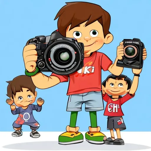 Prompt: cartoon image in which only one cartoon charactor stands with DSLR camera in their hand  give at least 10 images

