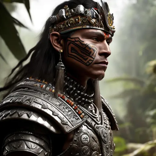 Prompt: Closeup Portrait of Aztec Warrior man with face tatoo, wearing battle armour and tilmahtli tunic. and with serious face, in the jungle, perfect composition, hyperrealistic, super detailed, 8k, high quality, trending art, trending on artstation, sharp focus, studio photo, intricate details, highly detailed, by greg rutkowski