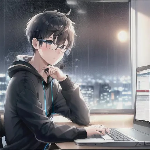 Prompt: high res, digital art, boy (buzz cut, eye glasses, headphone, focus on programing) on a desk , windown (ouside only can see rainning and cold fog), laptop on his left, dark colour, a bit warming blue light