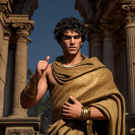 Prompt: young and handsome ancient Roman, dressed in a toga, holding a scroll of papyrus, with a laurel wreath on his head, curly black hair, half-length and looking towards the chamber, photorealistic 