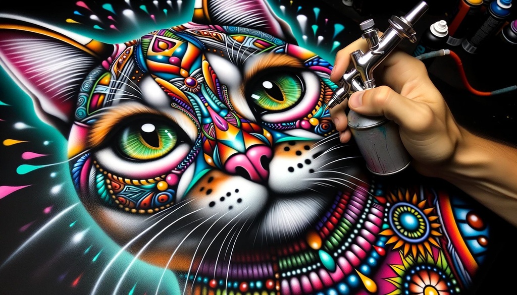 Airbrush painting of a cat with an alebrijes aesthet...