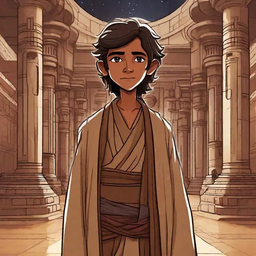 Prompt: A cute Indian jedi 18 years old boy. He wears jedi robes, in background an ancient light side jedi temple. Rpg art. Star wars art. 2d art. 2d. Well draw face. Detailed. 