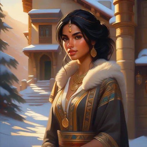 Prompt: Third person, gameplay, Algerian girl, tan skin, black hair, hazel eyes, snow, golden atmosphere, cartoony style, extremely detailed painting by Greg Rutkowski and by Henry Justice Ford and by Steve Henderson 