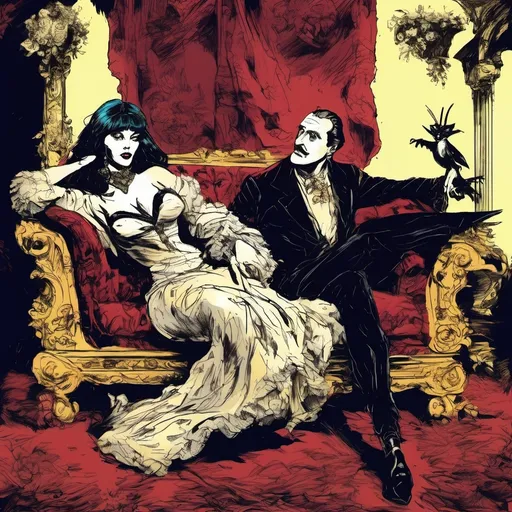 Prompt: Elvira Mistress of the Dark lying on her side on a Chaise Lounge with Basil Rathbone next her), baroque style, dark color scheme, elegantly gothic attire, intricate details, dim lighting, dramatic shadows, opulent background, luxurious textures, ornate furniture, deep reds and blacks, baroque patterns, solemn atmosphere, rich color tones, dark romanticism, ultra-detailed, 4K, photorealistic masterpiece, timeless elegance.