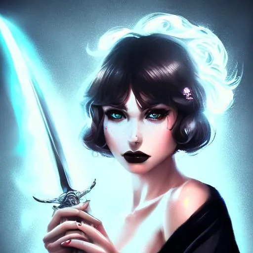 Prompt: Beautiful girl with smoke and sword,gothic,light,under rain, thunderstorm