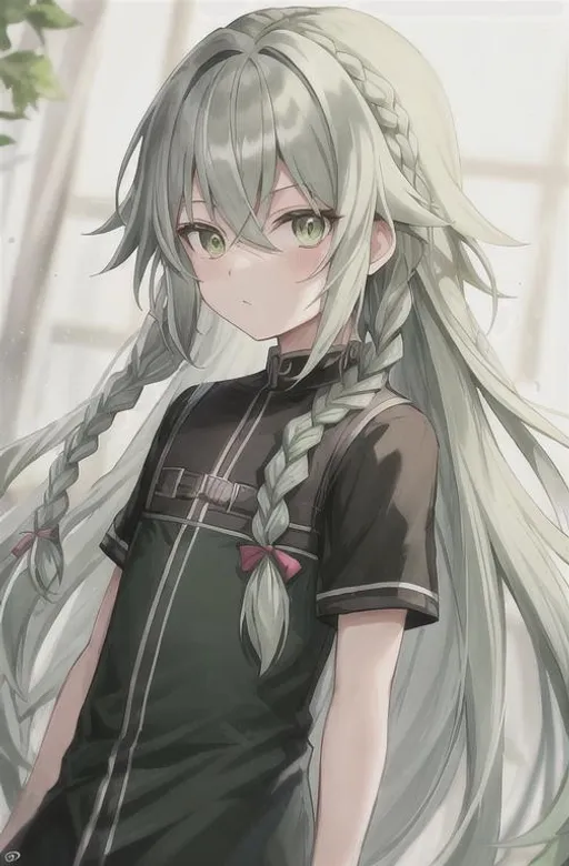 Prompt: Anime boy with long silver hair in a braid and dark green eyes