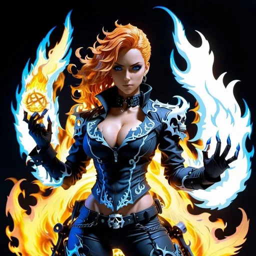 Prompt: High-quality anime illustration of a powerful female ghost rider, gothic Nordic Victorian style, perfect autonomy body shape, muscular slim tone with defined abs, detailed facial features, intense and piercing blue eyes, arms, legs, hands, fingers, toes, feet, detailed blue flames engulfing the entire body, full body view, gothic, Nordic, Victorian, powerful, muscular, slim, defined abs, intense eyes, detailed, blue flames, anime, high quality