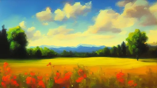 Prompt: art, scenery, oil color masterpiece,

outside, fields, clearing, few flowers, near trees,

afternoon, evening, low light, twilight, clouds,
