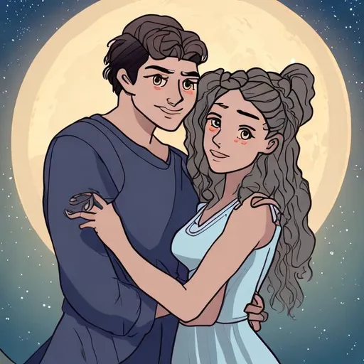 Prompt: Apollo and Artemis young adult classical Greek gods brother and sister cartoon selfie hug on moon
