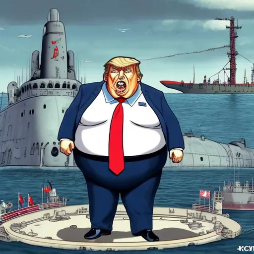 Prompt: Cute, obese raging Trump in front of a nuclear submarine in drydock, press conference, dark-blue suit, too long red tie to the floor, u-boat scene, muted gloomy colored, Sergio Aragonés MAD Magazine cartoon style