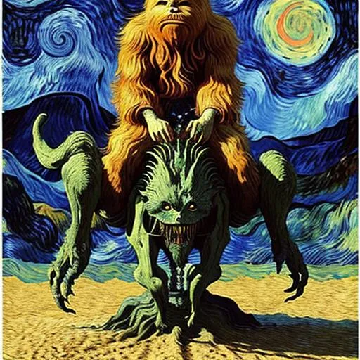 Prompt: a wookies riding on an alien beast, very dramatic, movie poster style,  by vincent van gogh