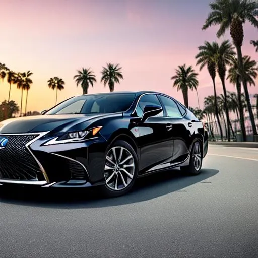 Prompt: A black Lexus ES 350 with Pastel Pink cloudy  skies in the  city of la with a palm trees detailed sharp high resolution 
