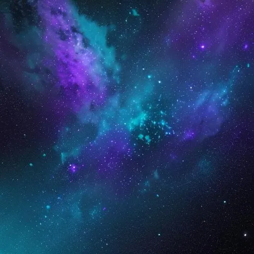 Prompt: A space scape in colors of teal and purple