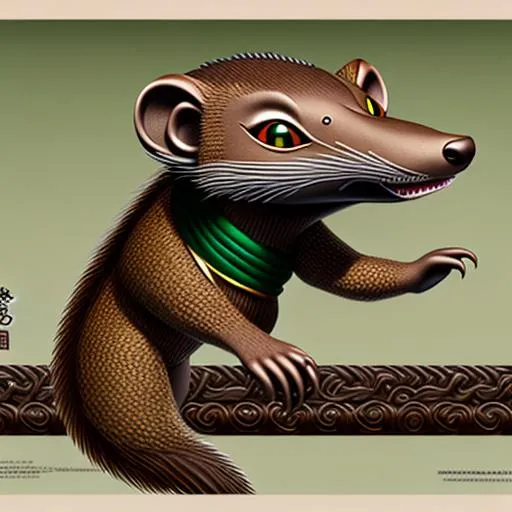 Prompt: Insanely Detailed Mongoose Japanese Mon, On a black Sash, Brown and Dark Green Colors, Intricately Detailed, Hyperdetailed, Legend of the Five Rings, Hyperrealistic, 4K, 8K resolution, 3D shading, beautiful, Asian Aesthetic, L5R, Anciant Japanese