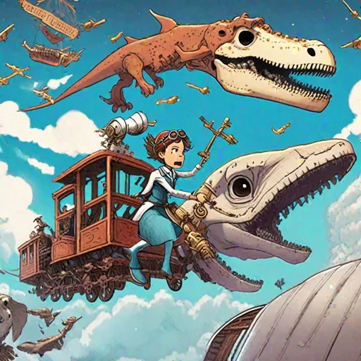 Prompt: amelia earhart is tied to the front of a train shooting bone guns at a flying whale. The sky is azure with stars. The train is one carriage long and it has a t-rex skull on the top of it