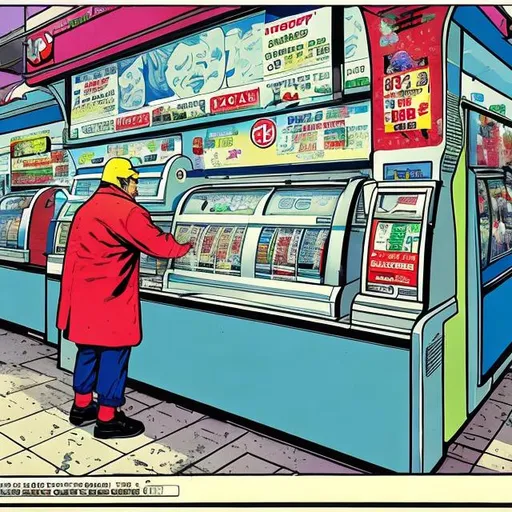 Prompt: modern convenience store. Canada. Middle aged clerk. Grumpy customer. Comic style art. colour. Jack Kirby style. realism. Lots of detail. money and lottery machine. photorealism painted style. refine face, hands, feet. 