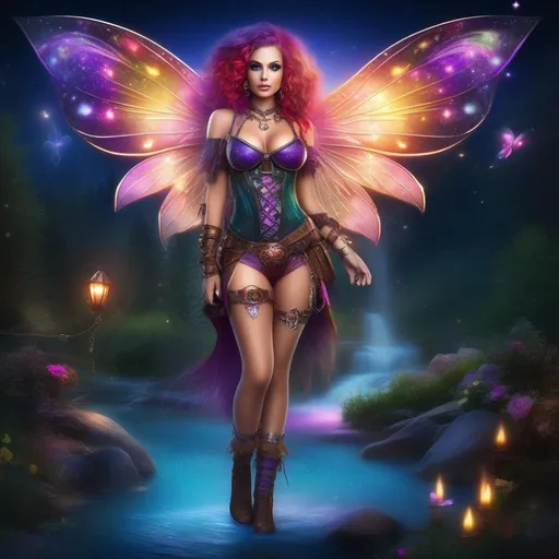 Prompt: Wide angle. Whole body showing. Photo real. Detailed Illustration. Beautiful, buxom woman with broad hips and incredible bright eyes, and colorful hair, standing next to a stream on a breathtaking, colorful starry night. Wearing a colorful, translucent, sparkling, dangling, skimpy, sheer, flowing, steam punk, Witch style, fairy outfit with distinct wings. With winged fae flying about.