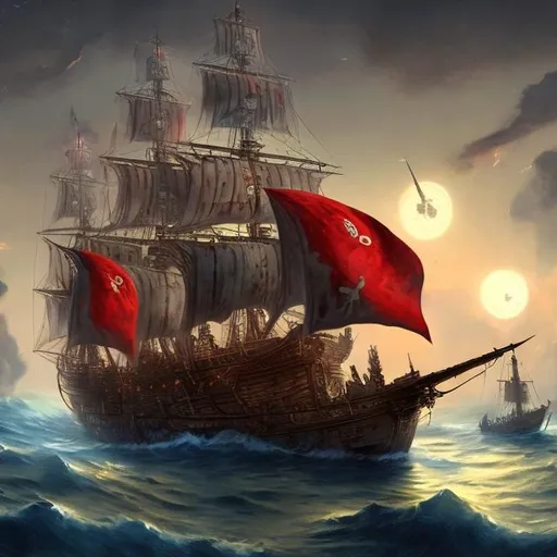 Prompt: pirite ship with red jolly roger flag at sea at night with cannons and pirites 
