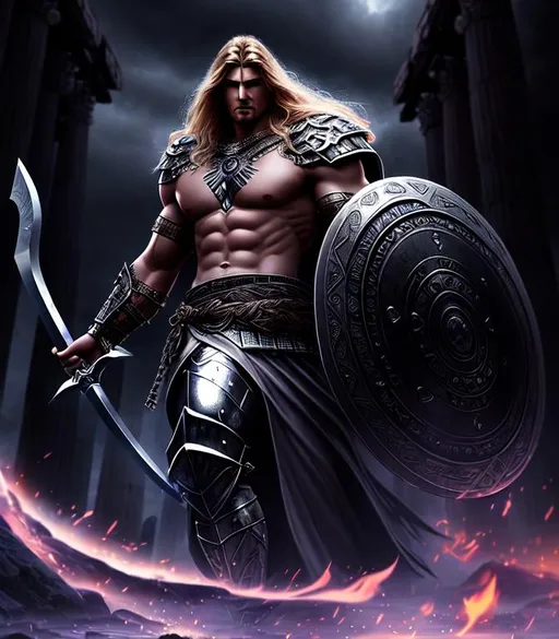 Prompt: Epic, Heroic, fantasy, ominous, cinematic lighting, 3D, HD, [{God}Man as Barbarian Warrior, Beautiful big reflective eyes, long flowing hair]::2, {Greek}mythology, mist, expansive ancient Greece background, hyper realistic, 8K --s98500