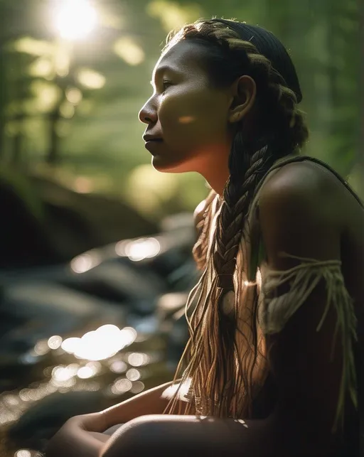 Prompt: A tender close  up scene of an Indigenous woman (((braiding sweetgrass))) beside a stream in a verdant forest, beams of sunlight filtering through the trees overhead. Shot from a low perspective looking up with a wide angle lens. The mood is nurturing, spiritual, connected to nature. In the style of naturalistic portraits.