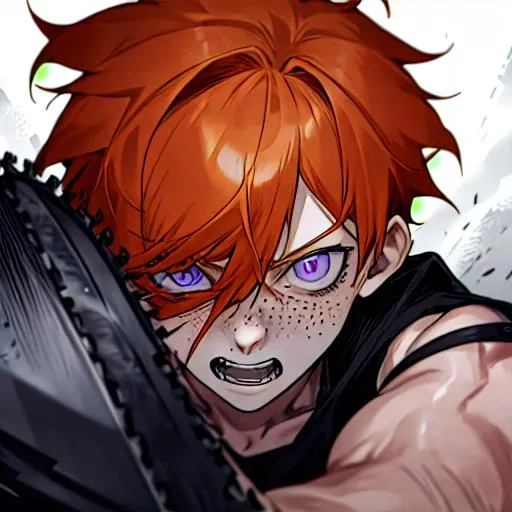 Prompt: Erikku male adult (short ginger hair, freckles, right eye blue left eye purple) UHD, 8K, Highly detailed, insane detail, best quality, high quality, fighting with a chainsaw