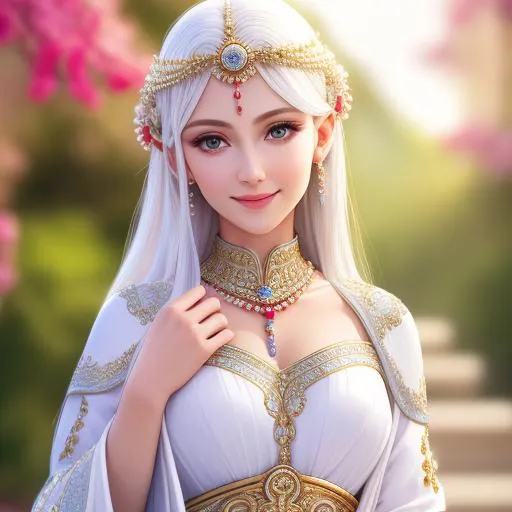 Prompt: Realistic, insanely beautiful Greek Goddess, thin_short_small_ears, Highly Detailed body, smooth, white_long_sleeved_Furisode, entire body shown, random silver hair, realistic_face, smile, circlet, full body, pearls, cinematic, 64K, UHD,