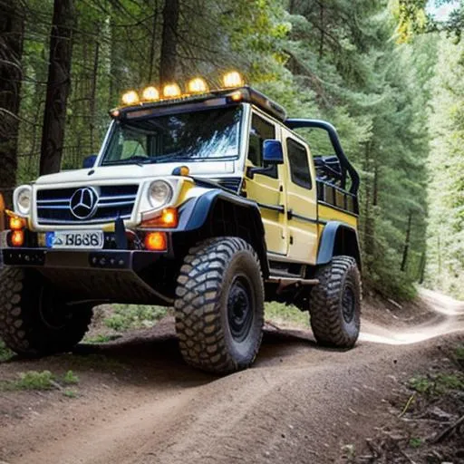 Prompt: mercedes unimog offroading near verticaly
