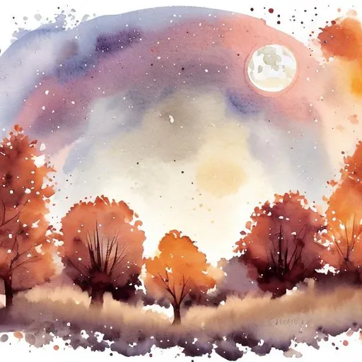 Prompt: an autumnal scene with an oversized moon in a starry sky watercolour soft tone
