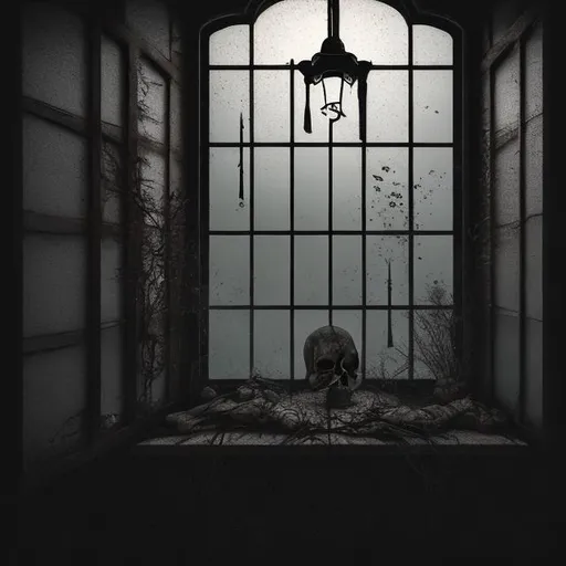 Prompt: make a macabre and gloomy in front of a window