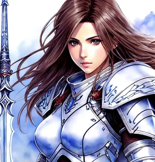 Prompt: a final fantasy watercolor concept art with Naomi Scott, brown hair, realistic face, in white Dragoon Artifact armor, by yoshitaka amano