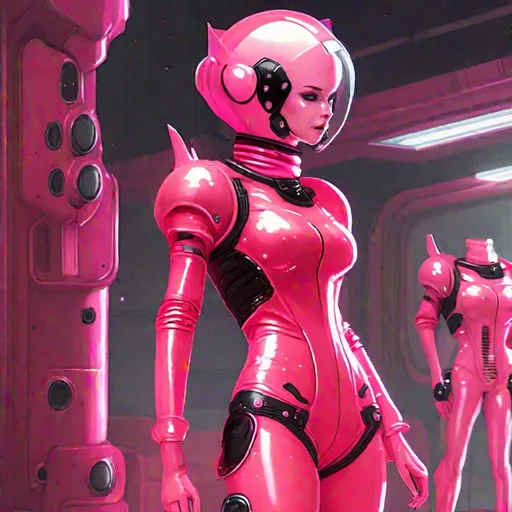 Prompt: human wearing red spacesuit with black combat boots and gloves, feminine humanoid robot  wearing a pink retro-futuristic-bikini-spacesuit with black thigh-high stiletto heeled boots 