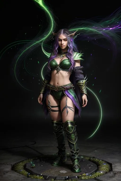 Prompt: Splash art, swirling magical lights, dense fog, create an intricately detailed, full body, ultra realistic, 3D Rendered image. Focused on an enticing, alluring, highly detailed, slender young adult, ((random hair color)), (((random ethnicity)), super exotic, human sorceress. {{surrounded by angry green orcs.}} {Casting a magic lightning bolt in an epic depiction of battling the green orcs in a fantasy tower}, using a legendary fantasy weapon. In a dystopian city destroyed by war background. 8k resolution,  photo realistic, highly exotic, ultimate fantasy, digital concept art, perfect cinematic lighting, perfect shading.