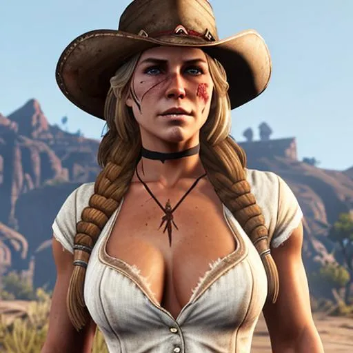 Prompt: Attractive feminine Sadie Adler from RDR2 with face scars and marks, with deep cleavage, white shirt and brown pants, Wild West background, full body view, f/1.8