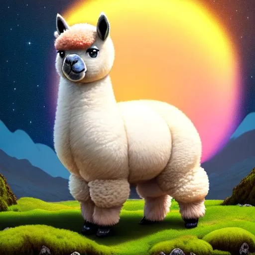 Prompt: landscape, diagonal view, wide view, 7 "colorful, proud, fat, "baby alpaca", with a halo", glowing, realistic, spiked hair, fluffy, silky, furry, backlit, warm tones, night-sky, moss, indigo, cream, coral, bone-white, photorealistic eyes, ornate, dynamic, particulate, intricate, elegant, highly detailed, centered,  airbrush, acrylic on paper, volumetric lighting, occlusion, smooth, sharp focus, 128K UHD octane render, w more detail, ultra realistic, insane detail, cinematic