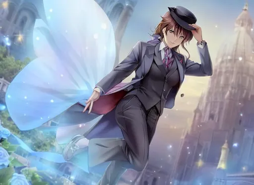 Prompt: A fairy in a full suit dropping a hat, large smile 